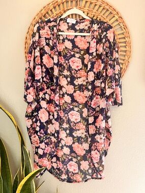 Navy Floral Swim Cover with Pink Roses